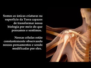 Somos as únicas criaturas na superfície da Terra capazes de transformar nossa biologia por meio do que pensamos e sentimos.    Nossas células estão constantemente observando nossos pensamentos e sendo modificadas por eles.  