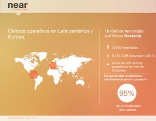 © Near technologies 2014 · All rights reserved 
8,172 EUR facturación (2014). 
Cerca de 100 centros 
productivos en más de 
20 países. 
Equipo de alto rendimiento 
personalizado para tu proyecto: 
Centros operativos en Latinoamérica y 
Europa. 
Unidad de tecnología 
del Grupo Gestamp 
30.000 empleados. 
95% 
de profesionales 
licenciados. 
 