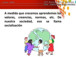 A medida que crecemos aprendemos los
valores, creencias, normas, etc. De
nuestra sociedad, eso se llama
socialización
 