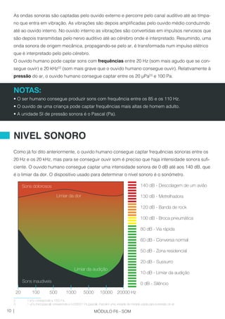 As ondas sonoras são captadas pelo ouvido externo e percorre pelo canal auditivo até ao tímpa-
no que entra em vibração. As vibrações são depois amplificadas pelo ouvido médio conduzindo
até ao ouvido interno. No ouvido interno as vibrações são convertidas em impulsos nervosos que
são depois transmitidas pelo nervo auditivo até ao cérebro onde é interpretado. Resumindo, uma
onda sonora de origem mecânica, propagando-se pelo ar, é transformada num impulso elétrico
que é interpretado pelo pelo cérebro.
O ouvido humano pode captar sons com frequências entre 20 Hz (som mais agudo que se con-
segue ouvir) e 20 kHz[2]
(som mais grave que o ouvido humano consegue ouvir). Relativamente à
pressão do ar, o ouvido humano consegue captar entre os 20 µPa[3]
e 100 Pa.
NOTAS:
• O ser humano consegue produzir sons com frequência entre os 85 e os 110 Hz.
• O ouvido de uma criança pode captar frequências mais altas de homem adulto.
• A unidade SI de pressão sonora é o Pascal (Pa).
Como já foi dito anteriormente, o ouvido humano consegue captar frequências sonoras entre os
20 Hz e os 20 kHz, mas para se conseguir ouvir som é preciso que haja intensidade sonora sufi-
ciente. O ouvido humano consegue captar uma intensidade sonora de 0 dB até aos 140 dB, que
é o limiar da dor. O dispositivo usado para determinar o nível sonoro é o sonómetro.
2	 1 kHz corresponde a 1000 Hz.
3	 1 µPa (micropascal) corresponde a 0.000001 Pa (pascal); Pascal é uma unidade de medida usada para a pressão do ar.
NIVEL SONORO
140 dB - Descolagem de um avião
130 dB - Metrelhadora
120 dB - Banda de rock
100 dB - Broca pneumática
80 dB - Via rápida
60 dB - Conversa normal
50 dB - Zona residencial
20 dB - Sussurro
10 dB - Limiar da audição
0 dB - Silêncio
Limiar da dor
Limiar da audição
Sons inaudiveis
Sons dolorosos
20 100 500 1000 5000 10000 20000 Hz
10 | MÓDULO F6 - SOM
 