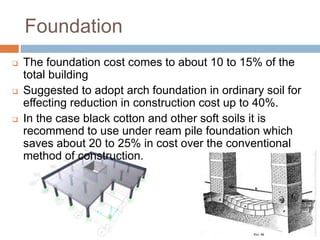 Foundation
 The foundation cost comes to about 10 to 15% of the
total building
 Suggested to adopt arch foundation in ordinary soil for
effecting reduction in construction cost up to 40%.
 In the case black cotton and other soft soils it is
recommend to use under ream pile foundation which
saves about 20 to 25% in cost over the conventional
method of construction.
 