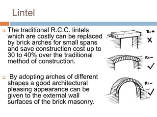 Lintel
 The traditional R.C.C. lintels
which are costly can be replaced
by brick arches for small spans
and save construction cost up to
30 to 40% over the traditional
method of construction.
 By adopting arches of different
shapes a good architectural
pleasing appearance can be
given to the external wall
surfaces of the brick masonry.
 