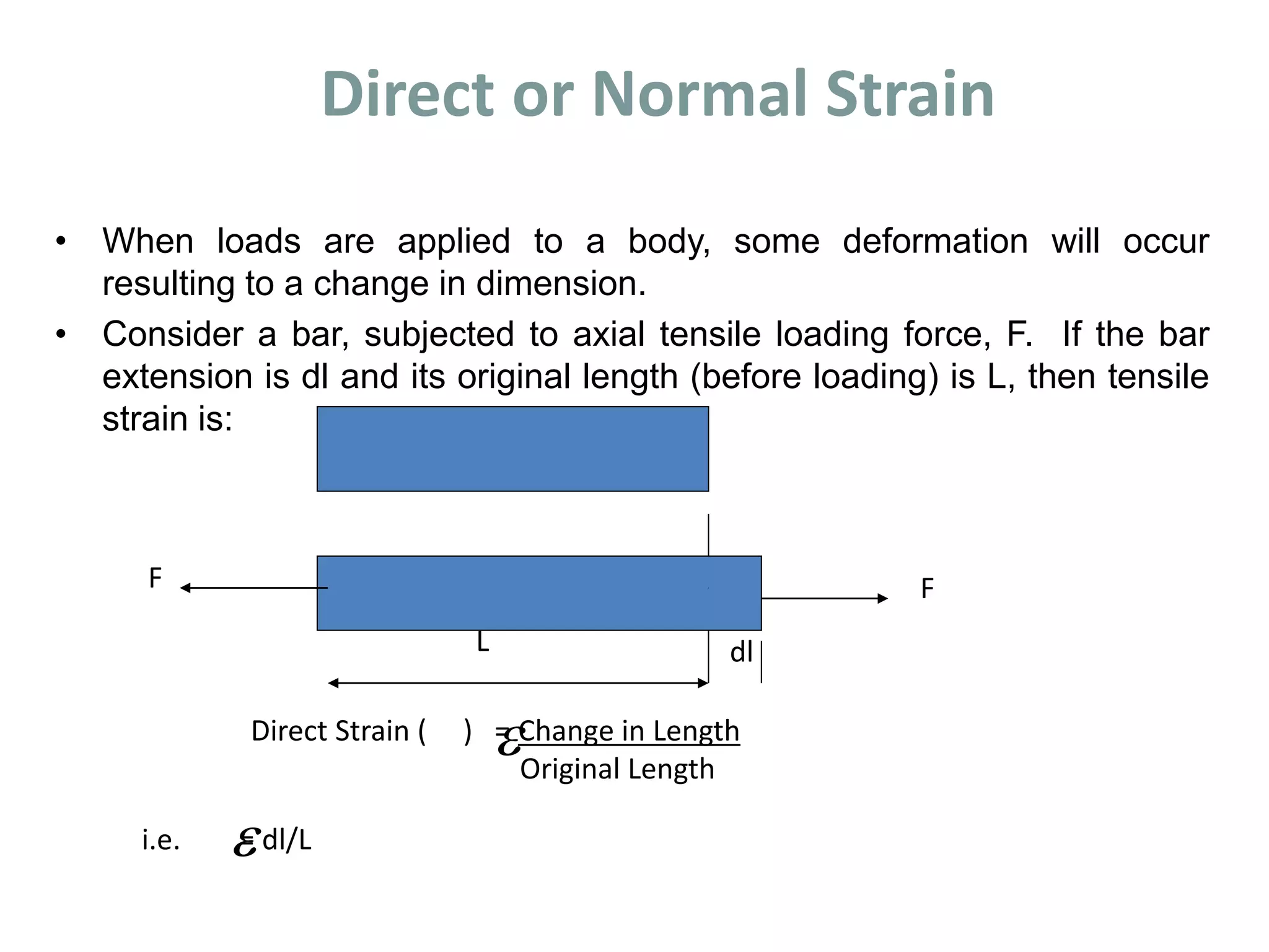 Direct or Normal Strain
• When loads are applied to a body, some deformation will occur
resulting to a change in dimension.
• Consider a bar, subjected to axial tensile loading force, F. If the bar
extension is dl and its original length (before loading) is L, then tensile
strain is:
dl
FF
L


Direct Strain ( ) = Change in Length
Original Length
i.e. = dl/L
 