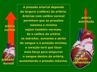 A pressão arterial depende
           da largura (calibre) da artéria.
            Artérias com calibre normal
                                                  artéria
             permitem que as pressões           estreitada
 artéria         máxima e mínima
 normal       sejam também normais.
               Se o calibre da artéria
            se estreitar, aumenta o atrito
           do sangue e a pressão mínima;
              o coração terá que fazer
             mais força para empurrar
             o sangue dentro da artéria,
pressão                                        pressão
           aumentando a pressão máxima.
 normal                                       aumentada
 