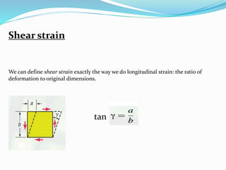 Shear strain 
We can define shear strain exactly the way we do longitudinal strain: the ratio of 
deformation to original dimensions. 
tan 
 