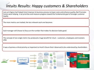 Intuits Results: Happy customers & Shareholders
Just as 6-Sigma had helped intuit improve its business process to lower costs and enhance quality, Net Promoter
Scores were helping it set priorities and measure progress toward the fundamental goal of stronger customer
loyalty


The more metrics are tracked, the less relevant each one becomes



Each manager will choose to focus on the number that makes his decision looks good.


The concept of one single metric has produced a huge benefit for intuit – customers, employees and investors
alike


It was a business-critical priority so important to Intuit’s future that it deserved to be understood by shareholders
 