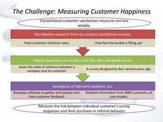 The Challenge: Measuring Customer Happiness
                 Conventional customer satisfaction measures are less
                                     reliable.

              Hire Market-research firms to conduct satisfaction surveys.

       Track customer retention rates.                How fast the bucket is filling up?



             Twenty questions on Loyalty Acid Test, Bain designed survey.
   Asses the state of relations between a
                                                A survey designed by Bain several years ago.
        company and its customer.



                          Assistance of Satmetrix Systems ,Inc.
Develops software to gather and analyze real-   Detailed information from 4000 customers,14
          time customer feedback.                               case studies.

                Measure the link between individual customer’s survey
                 responses and their purchase or referral behavior.
 