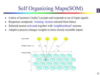 Self Organizing Maps(SOM)
 Lattice of neurons (‘nodes’) accepts and responds to set of input signals
 Responses compared; ‘winning’ neuron selected from lattice
 Selected neuron activated together with ‘neighbourhood’ neurons
 Adaptive process changes weights to more closely resemble inputs
13
 