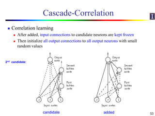 Cascade-Correlation
 Correlation learning
 After added, input connections to candidate neurons are kept frozen
 Then initialize all output connections to all output neurons with small
random values
53
2nd candidate:
addedcandidate
 