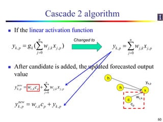 Cascade 2 algorithm
 If the linear activation function
 After candidate is added, the updated forecasted output
value
60
, , ,
0
( )
n
k p k j k j p
j
y g w x

  , , ,
0
n
k p j k j p
j
y w x

 
Changed to
k
h
wc,k
h
c
cp, , ,
new
k p c k p k py w c y 
, , , ,
0
n
new
k p c k p j k j p
j
y w c w x

  
yk,p
 