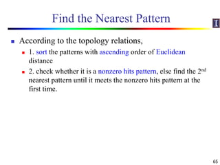 Find the Nearest Pattern
 According to the topology relations,
 1. sort the patterns with ascending order of Euclidean
distance
 2. check whether it is a nonzero hits pattern, else find the 2nd
nearest pattern until it meets the nonzero hits pattern at the
first time.
65
 