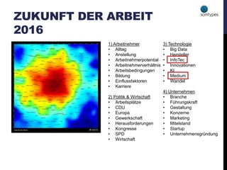 ZUKUNFT DER ARBEIT
2016
1) Arbeitnehmer
• Alltag
• Anstellung
• Arbeitnehmerpotential
• Arbeitnehmerverhältnis
• Arbeitsbedingungen
• Bildung
• Einflussfaktoren
• Karriere
2) Politik & Wirtschaft
• Arbeitsplätze
• CDU
• Europa
• Gewerkschaft
• Herausforderungen
• Kongresse
• SPD
• Wirtschaft
3) Technologie
• Big Data
• Hersteller
• InfoTec
• Innovationen
• KI
• Medium
• Wandel
4) Unternehmen
• Branche
• Führungskraft
• Gestaltung
• Konzerne
• Marketing
• Mitelstand
• Startup
• Unternehmensgründung
 