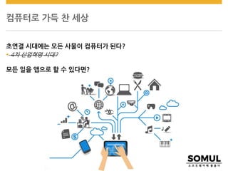 컴퓨터로 가득 찬 세상
초연결 시대에는 모든 사물이 컴퓨터가 된다?
 4차 산업혁명 시대?
모든 일을 앱으로 할 수 있다면?
 