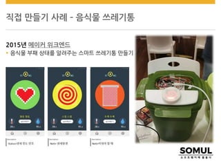 직접 만들기 사례 – 음식물 쓰레기통
2015년 메이커 위크엔드
 음식물 부패 상태를 알려주는 스마트 쓰레기통 만들기
 