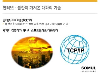 인터넷 – 불안이 가져온 대화의 기술
인터넷 프로토콜(TCP/IP)
 핵 전쟁을 대비해 만든 정보 망을 위한 기계 간의 대화의 기술
세계의 컴퓨터가 하나의 소프트웨어로 대화하다
 