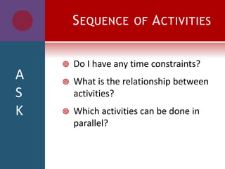 SEQUENCE OF ACTIVITIES
 Do I have any time constraints?
 What is the relationship between
activities?
 Which activities can be done in
parallel?
A
S
K
 