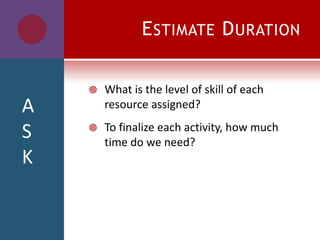 ESTIMATE DURATION
 What is the level of skill of each
resource assigned?
 To finalize each activity, how much
time do we need?
A
S
K
 