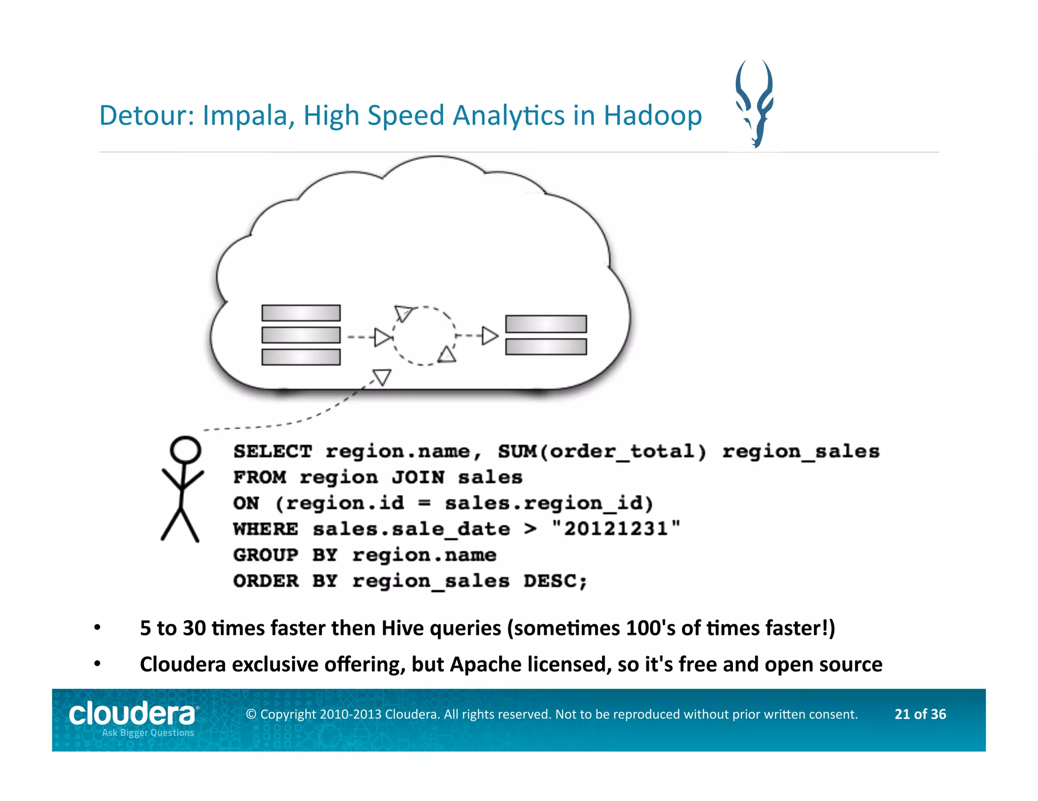 21	
  of	
  36	
  ©	
  Copyright	
  2010-­‐2013	
  Cloudera.	
  All	
  rights	
  reserved.	
  Not	
  to	
  be	
  reproduced	
  without	
  prior	
  wri>en	
  consent.	
  
Detour:	
  Impala,	
  High	
  Speed	
  AnalyAcs	
  in	
  Hadoop	
  
•  5	
  to	
  30	
  Omes	
  faster	
  then	
  Hive	
  queries	
  (someOmes	
  100's	
  of	
  Omes	
  faster!)	
  
•  Cloudera	
  exclusive	
  oﬀering,	
  but	
  Apache	
  licensed,	
  so	
  it's	
  free	
  and	
  open	
  source	
  
 