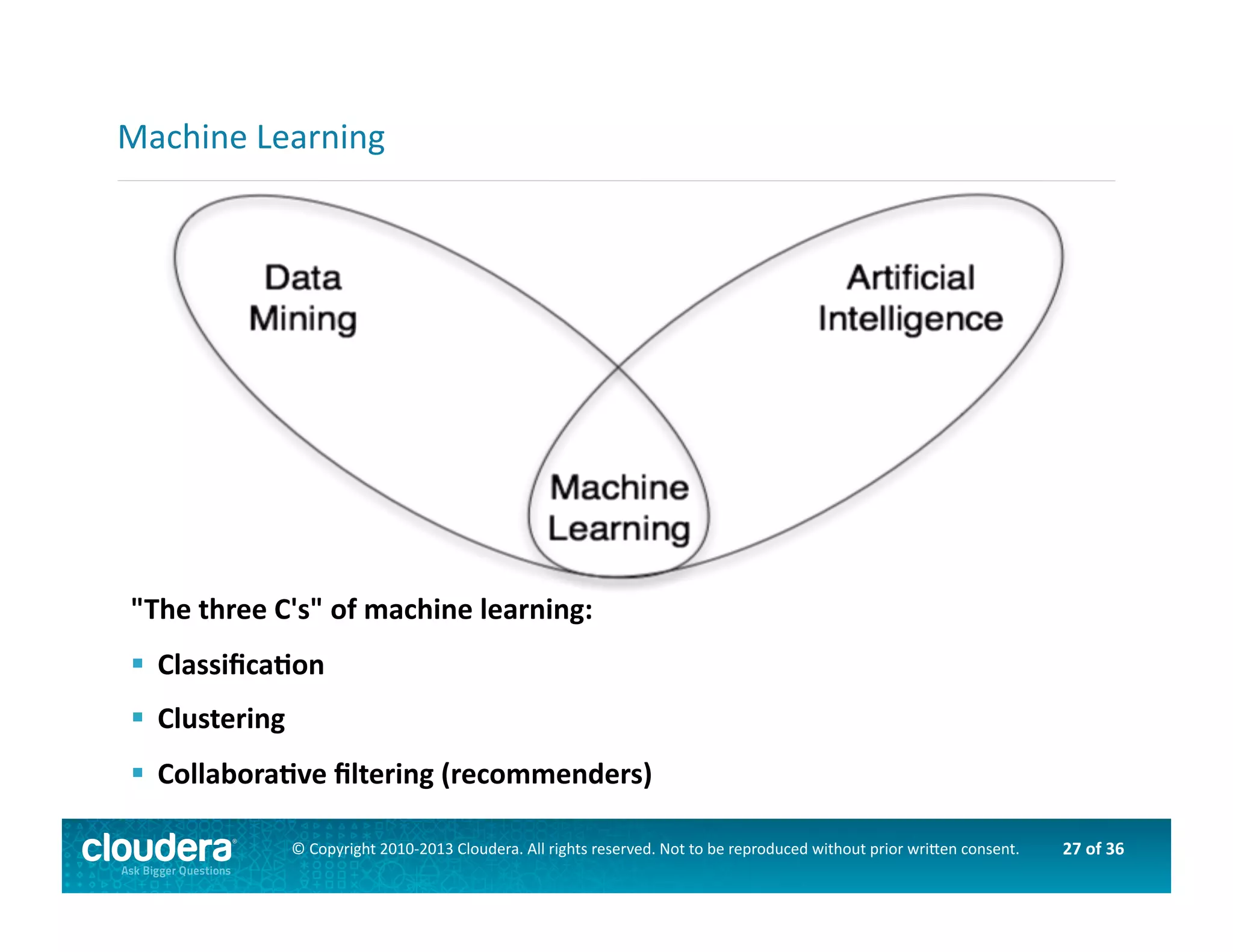 27	
  of	
  36	
  ©	
  Copyright	
  2010-­‐2013	
  Cloudera.	
  All	
  rights	
  reserved.	
  Not	
  to	
  be	
  reproduced	
  without	
  prior	
  wri>en	
  consent.	
  
"The	
  three	
  C's"	
  of	
  machine	
  learning:	
  
 	
  ClassiﬁcaOon	
  
 	
  Clustering	
  
 	
  CollaboraOve	
  ﬁltering	
  (recommenders)	
  
Machine	
  Learning	
  
 