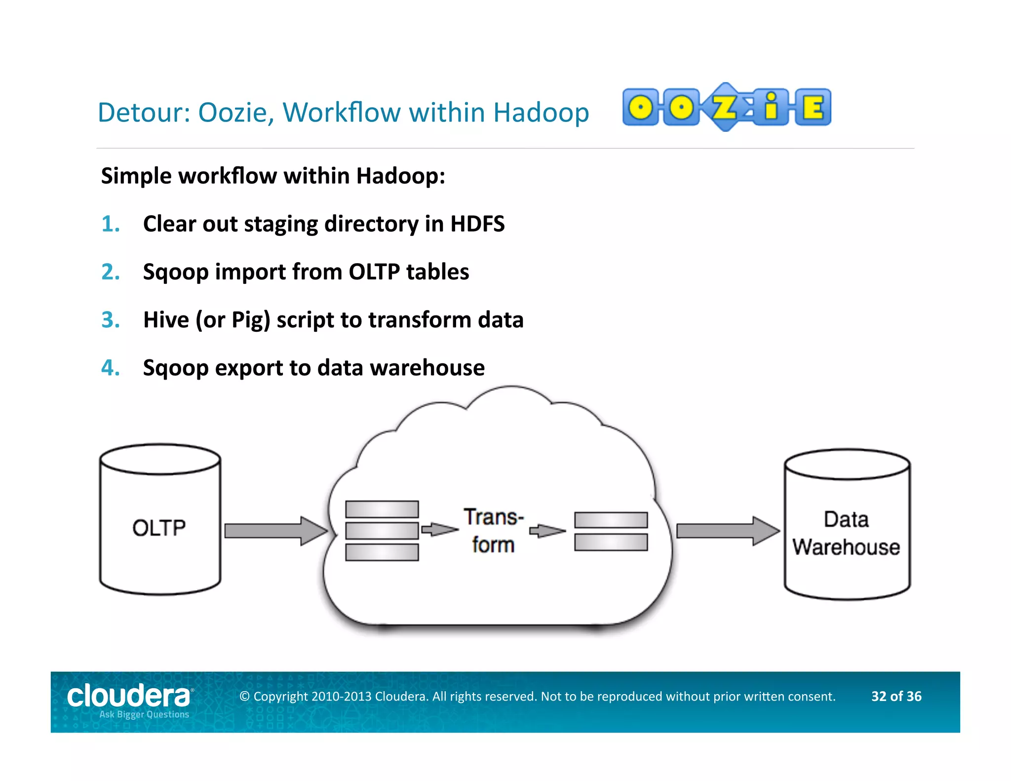 32	
  of	
  36	
  ©	
  Copyright	
  2010-­‐2013	
  Cloudera.	
  All	
  rights	
  reserved.	
  Not	
  to	
  be	
  reproduced	
  without	
  prior	
  wri>en	
  consent.	
  
Simple	
  workﬂow	
  within	
  Hadoop:	
  
1.  Clear	
  out	
  staging	
  directory	
  in	
  HDFS	
  
2.  Sqoop	
  import	
  from	
  OLTP	
  tables	
  
3.  Hive	
  (or	
  Pig)	
  script	
  to	
  transform	
  data	
  
4.  Sqoop	
  export	
  to	
  data	
  warehouse	
  
Detour:	
  Oozie,	
  Workﬂow	
  within	
  Hadoop	
  
 