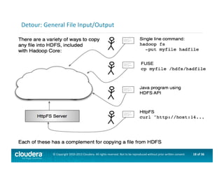 18	
  of	
  36	
  ©	
  Copyright	
  2010-­‐2013	
  Cloudera.	
  All	
  rights	
  reserved.	
  Not	
  to	
  be	
  reproduced	
  without	
  prior	
  wri>en	
  consent.	
  
Detour:	
  General	
  File	
  Input/Output	
  
 