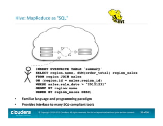 20	
  of	
  36	
  ©	
  Copyright	
  2010-­‐2013	
  Cloudera.	
  All	
  rights	
  reserved.	
  Not	
  to	
  be	
  reproduced	
  without	
  prior	
  wri>en	
  consent.	
  
Hive:	
  MapReduce	
  as	
  "SQL"	
  
•  Familiar	
  language	
  and	
  programming	
  paradigm	
  
•  Provides	
  interface	
  to	
  many	
  SQL-­‐compliant	
  tools	
  
 
