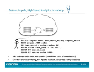 21	
  of	
  36	
  ©	
  Copyright	
  2010-­‐2013	
  Cloudera.	
  All	
  rights	
  reserved.	
  Not	
  to	
  be	
  reproduced	
  without	
  prior	
  wri>en	
  consent.	
  
Detour:	
  Impala,	
  High	
  Speed	
  AnalyAcs	
  in	
  Hadoop	
  
•  5	
  to	
  30	
  Omes	
  faster	
  then	
  Hive	
  queries	
  (someOmes	
  100's	
  of	
  Omes	
  faster!)	
  
•  Cloudera	
  exclusive	
  oﬀering,	
  but	
  Apache	
  licensed,	
  so	
  it's	
  free	
  and	
  open	
  source	
  
 