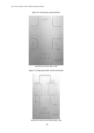 Onur Tuncay / 5706671 / UOW – Mine920 Underground Mining
12
Figure 10: Using straps, props and bolts
(eds Kininmonth & Baafi 2009, p. 308)
Figure 11: Using props, bolts, rail bars and straps
Received from (eds Kininmonth & Baafi 2009, p. 309)
 