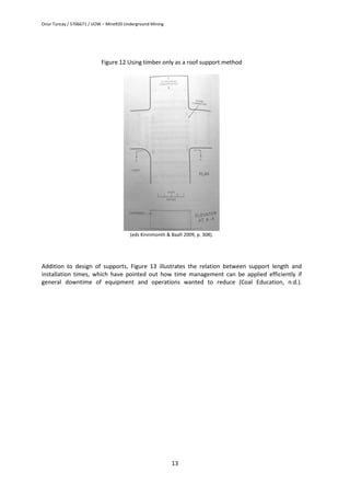 Onur Tuncay / 5706671 / UOW – Mine920 Underground Mining
13
Figure 12 Using timber only as a roof support method
(eds Kininmonth & Baafi 2009, p. 308).
Addition to design of supports, Figure 13 illustrates the relation between support length and
installation times, which have pointed out how time management can be applied efficiently if
general downtime of equipment and operations wanted to reduce (Coal Education, n.d.).
 