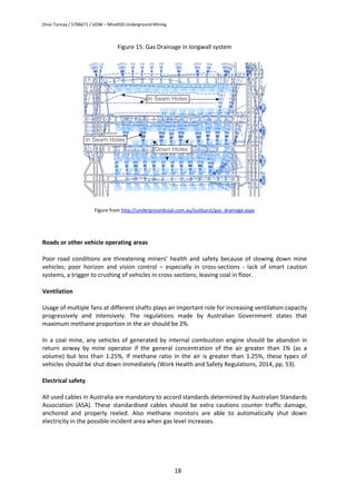 Onur Tuncay / 5706671 / UOW – Mine920 Underground Mining
18
Figure 15: Gas Drainage in longwall system
Figure from http://undergroundcoal.com.au/outburst/gas_drainage.aspx
Roads or other vehicle operating areas
Poor road conditions are threatening miners’ health and safety because of slowing down mine
vehicles; poor horizon and vision control – especially in cross-sections - lack of smart caution
systems, a trigger to crushing of vehicles in cross-sections; leaving coal in floor.
Ventilation
Usage of multiple fans at different shafts plays an important role for increasing ventilation capacity
progressively and intensively. The regulations made by Australian Government states that
maximum methane proportion in the air should be 2%.
In a coal mine, any vehicles of generated by internal combustion engine should be abandon in
return airway by mine operator if the general concentration of the air greater than 1% (as a
volume) but less than 1.25%, If methane ratio in the air is greater than 1.25%, these types of
vehicles should be shut down immediately (Work Health and Safety Regulations, 2014, pp. 53).
Electrical safety
All used cables in Australia are mandatory to accord standards determined by Australian Standards
Association (ASA). These standardised cables should be extra cautions counter traffic damage,
anchored and properly reeled. Also methane monitors are able to automatically shut down
electricity in the possible incident area when gas level increases.
 