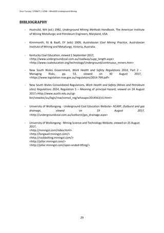 Onur Tuncay / 5706671 / UOW – Mine920 Underground Mining
29
BIBLIOGRAPHY
- Hustrulid, WA (ed.) 1982, Underground Mining Methods Handbook, The American Institute
of Mining Metallurgic and Petroleum Engineers, Maryland, USA.
- Kininmonth, RJ & Baafi, EY (eds) 2009, Australasian Coal Mining Practice, Australasian
Institute of Mining and Metallurgy, Victoria, Australia.
- Kentucky Coal Education, viewed 1 September 2017,
<http://www.undergroundcoal.com.au/roadway/supp_length.aspx>
<http://www.coaleducation.org/technology/Underground/continuous_miners.htm>
- New South Wales Government, Work Health and Safety Regulations 2014, Part 2 –
Managing Risks, pp. 53, viewed on 30 August 2017,
<https://www.legislation.nsw.gov.au/regulations/2014-799.pdf>
- New South Wales Consolidated Regulations, Work Health and Safety (Mines and Petroleum
sites) Regulations 2014, Regulation 5 – Meaning of principal hazard, viewed on 24 August
2017,<http://www.austlii.edu.au/cgi-
bin/viewdoc/au/legis/nsw/consol_reg/whasapsr2014563/s5.html>
- University of Wollongong - Underground Coal Education Website– ACARP, Outburst and gas
drainage, viewed on 19 August 2017,
<http://undergroundcoal.com.au/outburst/gas_drainage.aspx>
- University of Wollongong - Mining Science and Technology Website, viewed on 25 August
2017,
<http://miningst.com/index.html>
<http://longwall.miningst.com/>
<http://rockbolting.miningst.com/>
<http://pillar.miningst.com/>
<http://pillar.miningst.com/open-ended-lifting/>
 
