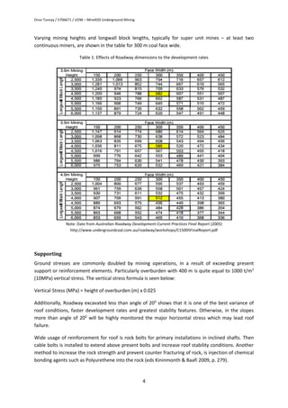 Onur Tuncay / 5706671 / UOW – Mine920 Underground Mining
4
Varying mining heights and longwall block lengths, typically for super unit mines – at least two
continuous miners, are shown in the table for 300 m coal face wide.
Table 1: Effects of Roadway dimensions to the development rates
Note: Date from Australian Roadway Development-Current Practices Final Report (2005)
http://www.undergroundcoal.com.au/roadway/workshops/C15005FinalReport.pdf
Supporting
Ground stresses are commonly doubled by mining operations, in a result of exceeding present
support or reinforcement elements. Particularly overburden with 400 m is quite equal to 1000 t/m2
(10MPa) vertical stress. The vertical stress formula is seen below:
Vertical Stress (MPa) = height of overburden (m) x 0.025
Additionally, Roadway excavated less than angle of 200
shows that it is one of the best variance of
roof conditions, faster development rates and greatest stability features. Otherwise, in the slopes
more than angle of 200
will be highly monitored the major horizontal stress which may lead roof
failure.
Wide usage of reinforcement for roof is rock bolts for primary installations in inclined shafts. Then
cable bolts is installed to extend above present bolts and increase roof stability conditions. Another
method to increase the rock strength and prevent counter fracturing of rock, is injection of chemical
bonding agents such as Polyurethene into the rock (eds Kininmonth & Baafi 2009, p. 279).
 