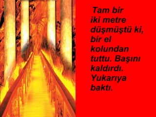 Tam bir  iki metre düşmüştü ki, bir el kolundan tuttu. Başını kaldırdı. Yukarıya baktı.  