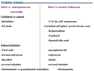 Testiküler Nedenler:-----------------------------------------------------------------------------İnfert ve androjenizasyon

İnfert ve normal virilizasyon

yetersizliği
Gelişimsel ve yapısal
-Kleinfelter
-XX male

-Y kr’da AZF mutasyonu
-Germinal cell aplasi (sertoli cell only synd)
-Kriptorşidizm
-Varikosel
-İmmotil silia send

Edinsel defektler:
-Viral orşit

-mycoplasma inf

-travma,radyasyon

-radyasyon

-ilaç,alkol

-ilaçlar

-çevresel toksinler

-çevresel toksinler

-Otoimmunite ve granulomatöz hastalıklar

-Otoimmunite

 