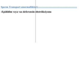 Sperm Transport anormallikleri:--------------------------------------------Epididim veya vas deferensin obstrüksiyonu

 