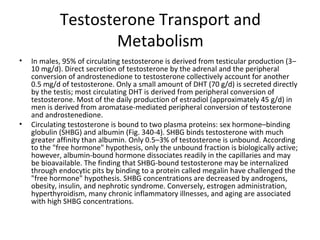 Testosterone Transport and
Metabolism
•

•

In males, 95% of circulating testosterone is derived from testicular production (3–
10 mg/d). Direct secretion of testosterone by the adrenal and the peripheral
conversion of androstenedione to testosterone collectively account for another
0.5 mg/d of testosterone. Only a small amount of DHT (70 g/d) is secreted directly
by the testis; most circulating DHT is derived from peripheral conversion of
testosterone. Most of the daily production of estradiol (approximately 45 g/d) in
men is derived from aromatase-mediated peripheral conversion of testosterone
and androstenedione.
Circulating testosterone is bound to two plasma proteins: sex hormone–binding
globulin (SHBG) and albumin (Fig. 340-4). SHBG binds testosterone with much
greater affinity than albumin. Only 0.5–3% of testosterone is unbound. According
to the "free hormone" hypothesis, only the unbound fraction is biologically active;
however, albumin-bound hormone dissociates readily in the capillaries and may
be bioavailable. The finding that SHBG-bound testosterone may be internalized
through endocytic pits by binding to a protein called megalin have challenged the
"free hormone" hypothesis. SHBG concentrations are decreased by androgens,
obesity, insulin, and nephrotic syndrome. Conversely, estrogen administration,
hyperthyroidism, many chronic inflammatory illnesses, and aging are associated
with high SHBG concentrations.

 
