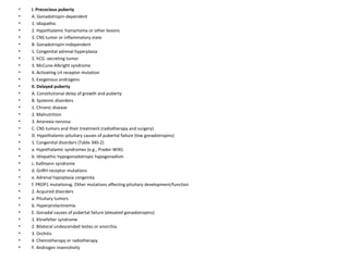 •
•
•
•
•
•
•
•
•
•
•
•
•
•
•
•
•
•
•
•
•
•
•
•
•
•
•
•
•
•
•
•
•
•
•

I. Precocious puberty
A. Gonadotropin-dependent
1. Idiopathic
2. Hypothalamic hamartoma or other lesions
3. CNS tumor or inflammatory state
B. Gonadotropin-independent
1. Congenital adrenal hyperplasia
2. hCG -secreting tumor
3. McCune-Albright syndrome
4. Activating LH receptor mutation
5. Exogenous androgens
II. Delayed puberty
A. Constitutional delay of growth and puberty
B. Systemic disorders
1. Chronic disease
2. Malnutrition
3. Anorexia nervosa
C. CNS tumors and their treatment (radiotherapy and surgery)
D. Hypothalamic-pituitary causes of pubertal failure (low gonadotropins)
1. Congenital disorders (Table 340-2)
a. Hypothalamic syndromes (e.g., Prader-Willi)
b. Idiopathic hypogonadotropic hypogonadism
c. Kallmann syndrome
d. GnRH receptor mutations
e. Adrenal hypoplasia congenita
f. PROP1 mutationsg. Other mutations affecting pituitary development/function
2. Acquired disorders
a. Pituitary tumors
b. Hyperprolactinemia
E. Gonadal causes of pubertal failure (elevated gonadotropins)
1. Klinefelter syndrome
2. Bilateral undescended testes or anorchia
3. Orchitis
4. Chemotherapy or radiotherapy
F. Androgen insensitivity

 