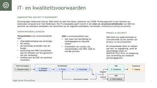 High-level Procesflow
5. Testbewijs
1. Afspraak maken 3. Testen 4. Testuitslag 7. Toegang
6. GGD melding
2. Afspraak
bevestigen
Negatief
Positief
Inconclusive/mislukt
IT- en kwaliteitsvoorwaarden
9
PRIVACY & SECURITY
SON heeft een kaderstellende en
controlerende rol ten aanzien van
privacy- en securitynormen
De testaanbieder dient te voldoen
aan wet- en regelgeving, zoals de
(beveiligings) eisen uit
NEN7510/7512/7513, en wetgeving
voor verwerking van medische
persoonsgegevens.
VERANTWOORDELIJKHEDEN
Testaanbieders zijn verantwoordelijk
voor:
• afspraakbevestiging naar de burger,
• het testen,
• de testuitslag verzenden naar de
burger,
• aansluiting met VWS CoronaCheck
app ten behoeve van het genereren
van een testbewijs
• melding naar de GGD van positieve
resultaten.
SAMENVATTING VAN HET IT-EISENPAKKET
Stichting Open Nederland (hierna: SON) heeft als doel het (doen) realiseren van COVID-19 testcapaciteit in een netwerk van
teststraten verspreid over heel Nederland. Het IT-eisenpakket geeft inzicht in de rollen en verantwoordelijkheden van SON ten
opzichte van meerdere aanbieders van teststraten op de volgende onderdelen; functioneel, interfaces en privacy & security.
Testaanbieder
Testenvoortoegang VWS Evenement
GGD
SON is verantwoordelijk voor:
• Use cases met betrekking tot
landingspagina en afspraak
maken.
• Coördinatie van contact van
testaanbieders met VWS, GGD en
overige partijen.
 