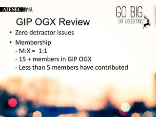 GIP OGX Review 
• Zero detractor issues 
• Membership 
- M:X = 1:1 
- 15 + members in GIP OGX 
- Less than 5 members have contributed 
 