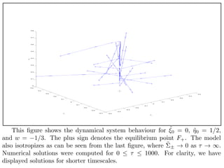 −0.5
−0.4
−0.3
−0.2
−0.1
0
0.1
0.2
0.3
0.4
0.5
−0.4
−0.3
−0.2
−0.1
0
0.1
0.2
0.3
0.4
0.5
0
0.1
0.2
0.3
0.4
0.5
0.6
0.7
0.8
˜Σ +
˜Σ −
˜N1
This ﬁgure shows the dynamical system behaviour for ˜0 = 0, ˜0 = 1/2,
and w = 1/3. The plus sign denotes the equilibrium point F+. The model
also isotropizes as can be seen from the last ﬁgure, where ˜± 0 as .
Numerical solutions were computed for 0 1000. For clarity, we have
displayed solutions for shorter timescales.
 