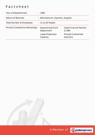 A Member of
F a c t s h e e t
Year of Establishment : 1995
Nature of Business : Manufacturer, Exporter, Supplier
Total Number of Employees : 11 to 25 People
Primary Competitive Advantage : Experienced R & D
Department
Good Financial Position
& TQM
Large Production
Capacity
Provide Customized
Solutions
 