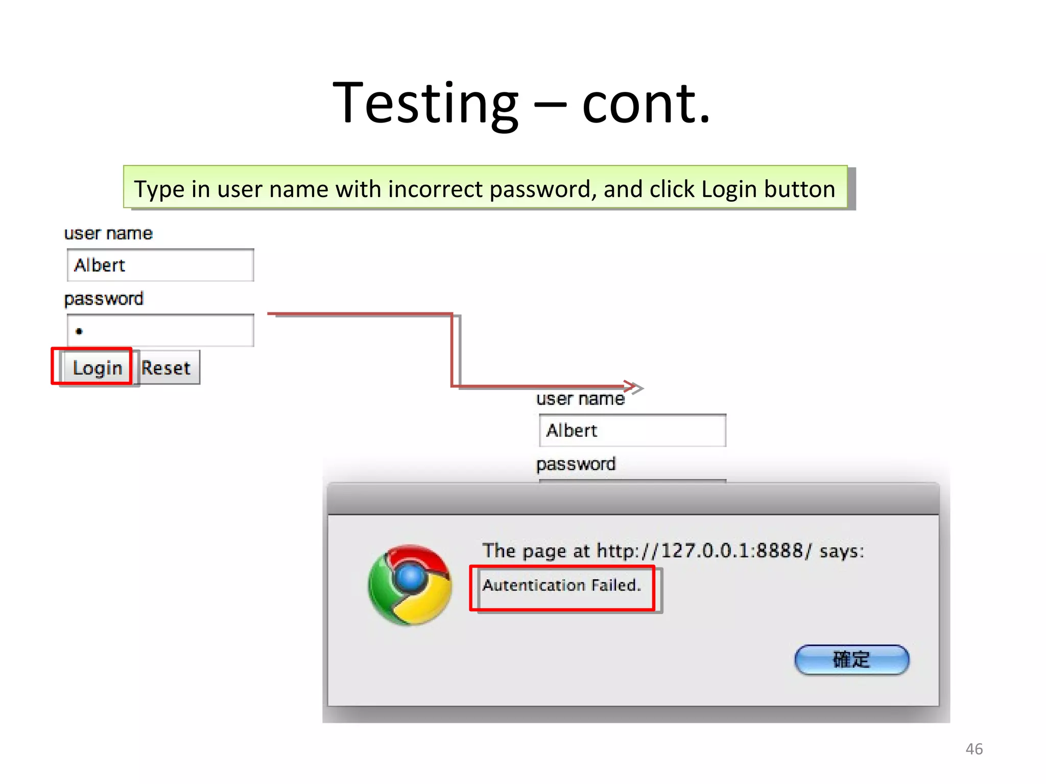 Testing – cont.
Type in user name with incorrect password, and click Login button
 Type in user name with incorrect password, and click Login button




                                                                     46
 