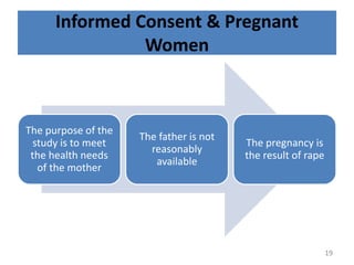 Informed Consent & Pregnant
Women
The purpose of the
study is to meet
the health needs
of the mother
The father is not
reasonably
available
The pregnancy is
the result of rape
19
 
