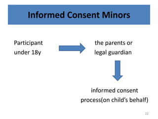 Informed Consent Minors
Participant the parents or
under 18y legal guardian
informed consent
process(on child’s behalf)
22
 