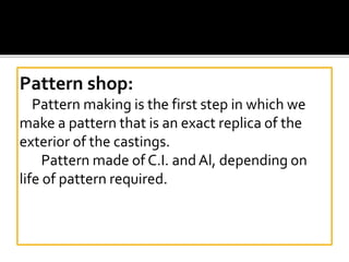 Pattern shop:
Pattern making is the first step in which we
make a pattern that is an exact replica of the
exterior of the castings.
Pattern made of C.I. and Al, depending on
life of pattern required.
 