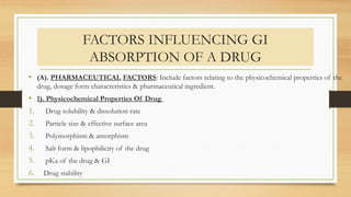 FACTORS INFLUENCING GI
ABSORPTION OF A DRUG
• (A). PHARMACEUTICAL FACTORS: Include factors relating to the physicochemical properties of the
drug, dosage form characteristics & pharmaceutical ingredient.
• 1). Physicochemical Properties Of Drug
1. Drug solubility & dissolution rate
2. Particle size & effective surface area
3. Polymorphism & amorphism
4. Salt form & lipophilicity of the drug
5. pKa of the drug & GI
6. Drug stability
 