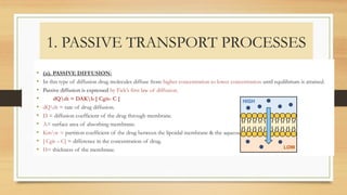 1. PASSIVE TRANSPORT PROCESSES
• (a). PASSIVE DIFFUSION:
• In this type of diffusion drug molecules diffuse from higher concentration to lower concentration until equilibrium is attained.
• Passive diffusion is expressed by Fick’s first law of diffusion.
• dQdt = DAKh [ Cgit- C ]
• dQdt = rate of drug diffusion.
• D = diffusion coefficient of the drug through membrane.
• A= surface area of absorbing membrane.
• Kmw = partition coefficient of the drug between the lipoidal membrane & the aqueous GI fluids.
• [ Cgit – C] = difference in the concentration of drug.
• H= thickness of the membrane.
 