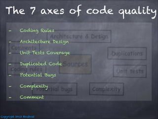 The 7 axes of code quality
-

Coding Rules

-

Architecture Design

-

Unit Tests Coverage

-

Duplicated Code

-

Potential Bugs

-

Complexity

-

Comment

Copyright 2013 @nuboat

 