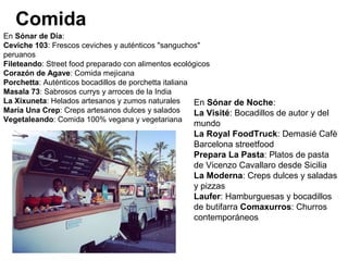 Comida
En Sónar de Día:
Ceviche 103: Frescos ceviches y auténticos "sanguchos"
peruanos
Fileteando: Street food preparado con alimentos ecológicos
Corazón de Agave: Comida mejicana
Porchetta: Auténticos bocadillos de porchetta italiana
Masala 73: Sabrosos currys y arroces de la India
La Xixuneta: Helados artesanos y zumos naturales
María Una Crep: Creps artesanos dulces y salados
Vegetaleando: Comida 100% vegana y vegetariana
En Sónar de Noche:
La Visité: Bocadillos de autor y del
mundo
La Royal FoodTruck: Demasié Cafè
Barcelona streetfood
Prepara La Pasta: Platos de pasta
de Vicenzo Cavallaro desde Sicilia
La Moderna: Creps dulces y saladas
y pizzas
Laufer: Hamburguesas y bocadillos
de butifarra Comaxurros: Churros
contemporáneos
 