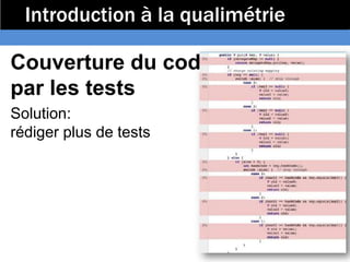 Introduction à la qualimétrie

Couverture du code
par les tests
Solution:
rédiger plus de tests
 